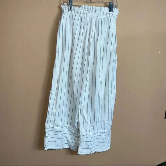 Urban Romantics White Striped Paperbag Waist Linen Wide Leg Cropped Trouser Pant - Picture 8 of 8